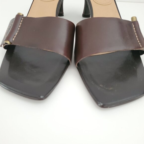 NINE WEST Brown Leather Heeled Slide Sandals Square Toe Bronze Buckle Accent 8M - Picture 5 of 9